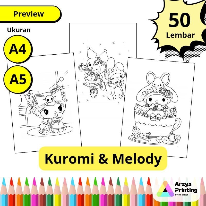 

50 Lembar Kertas Mewarnai Anak Lucu Tema Kuromi Melody Sanrio Ukuran A4 A5claraa aurel