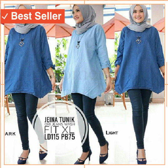 Busana Muslim Wanita Murah Keren Modis Cantik /Jeina Tunik Jeans - Baju Menyusui Tunik - Baju Gamis 