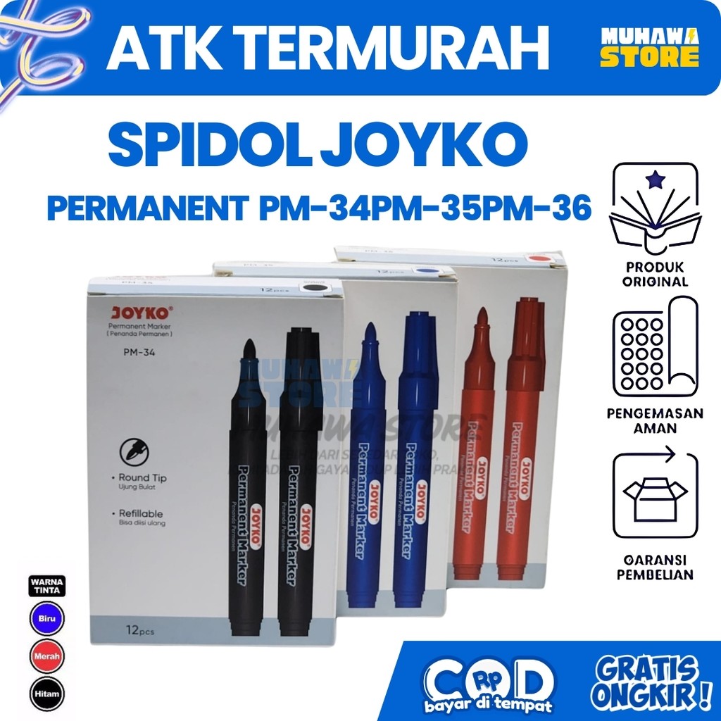 

SPIDOL JOYKO PERMANENT 1 PACK ISI 12 WARNA PM-34 HITAM/PM-35 BIRU/ PM-36 MERAH
