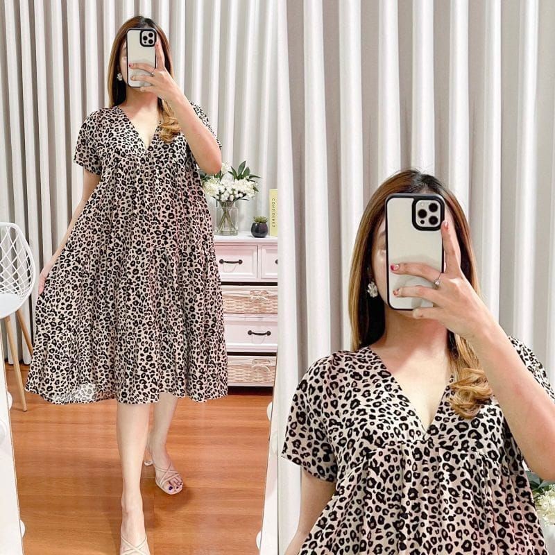 Dress Motif Rayon XXL/Masayu Home Dress Midi Korean motif Ruffle Kanzia/Dress masayu leopard