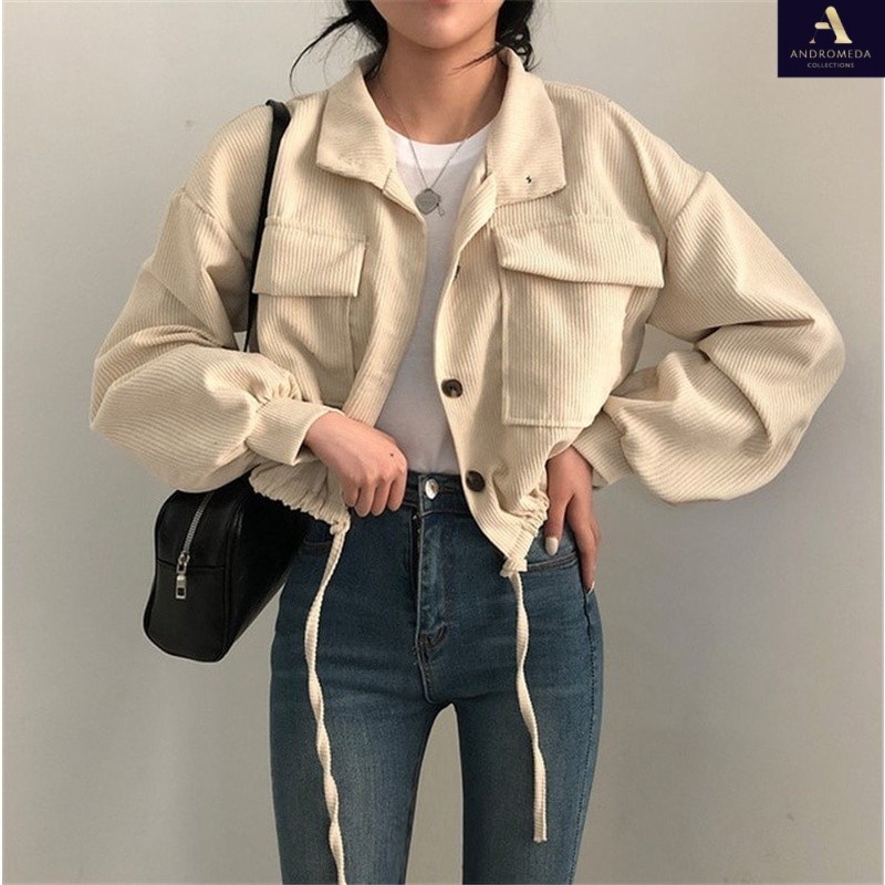 Forteid Jaket Corduroy Wanita Korean Style Crop Top Lengan Panjang|Jaket Corduroy Wanita Vintage Len