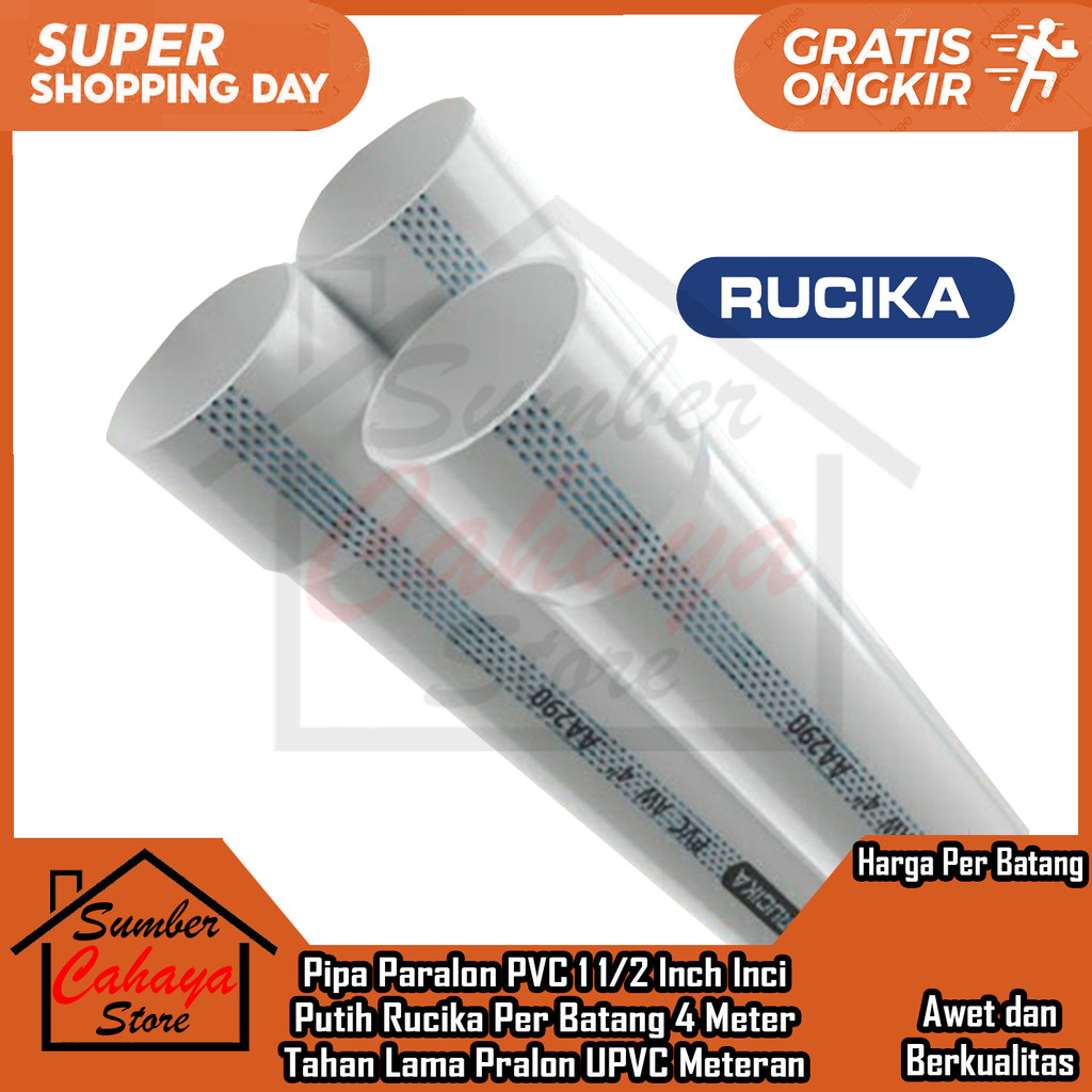 Pipa Paralon PVC 1 1/2 inch D Putih Rucika Per Batang 4 Meter 4m Tahan Lama Pralon Upvc Kabel Listri