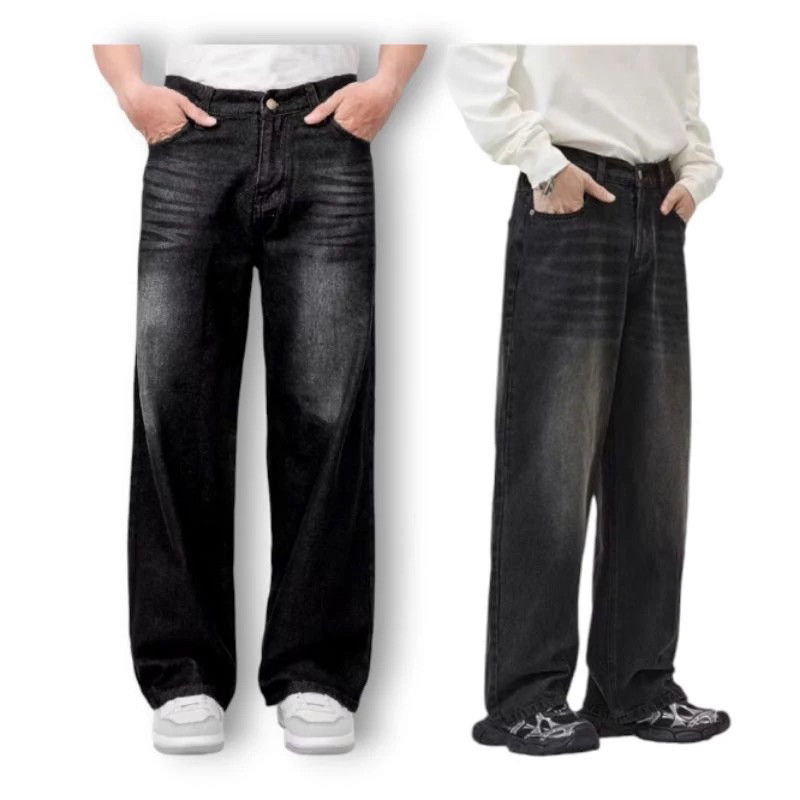 Celana Jeans Panjang Pria Skena Wide Leg Black Wishker Basic Baggy Pants Lebar Gombrong Hitam Pria L