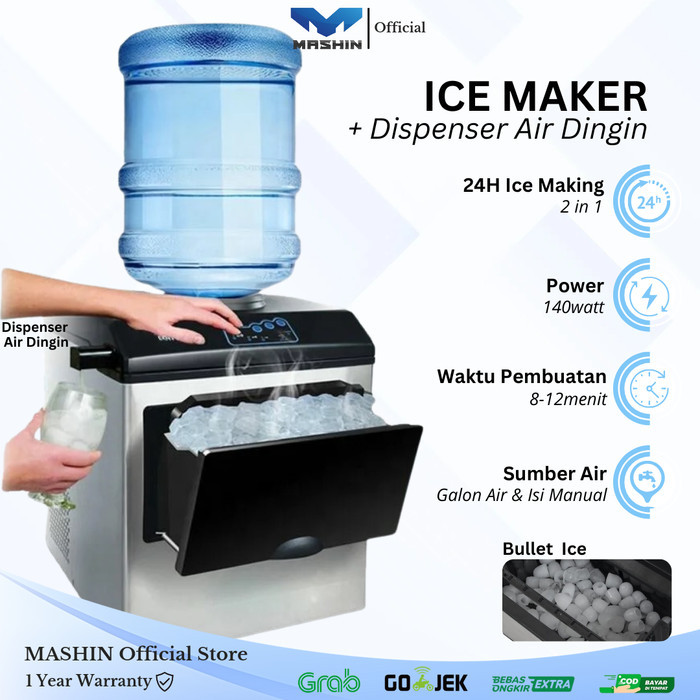 Mashin - Mesin Es Batu Dispenser Multifungsi 30kg/24jam Air Dingin, Air Panas Dan Es Batu - Mesin 2 