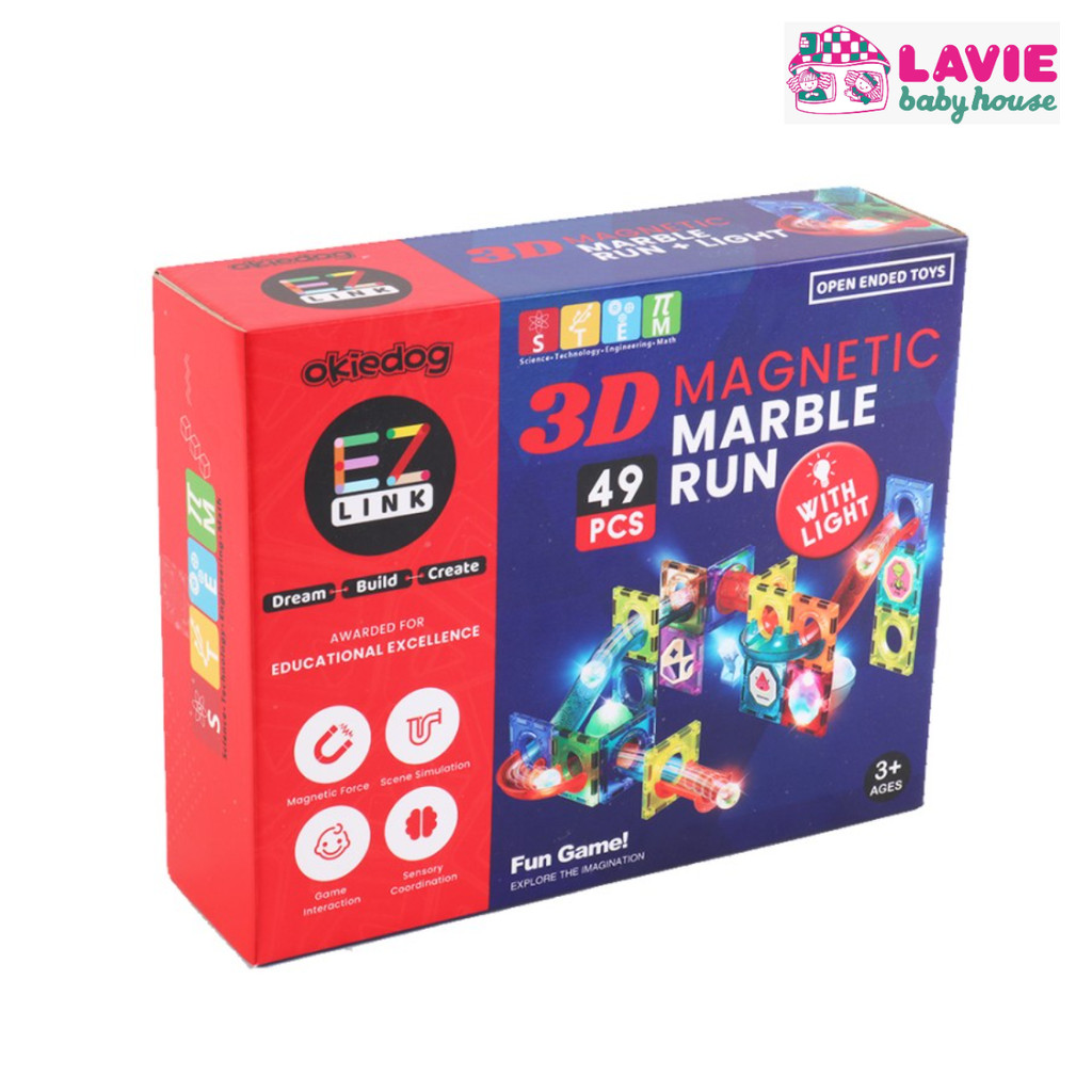Okiedog EZLink 3D Magnetic Marble Run with Light 49PCS- Mainan Edukasi