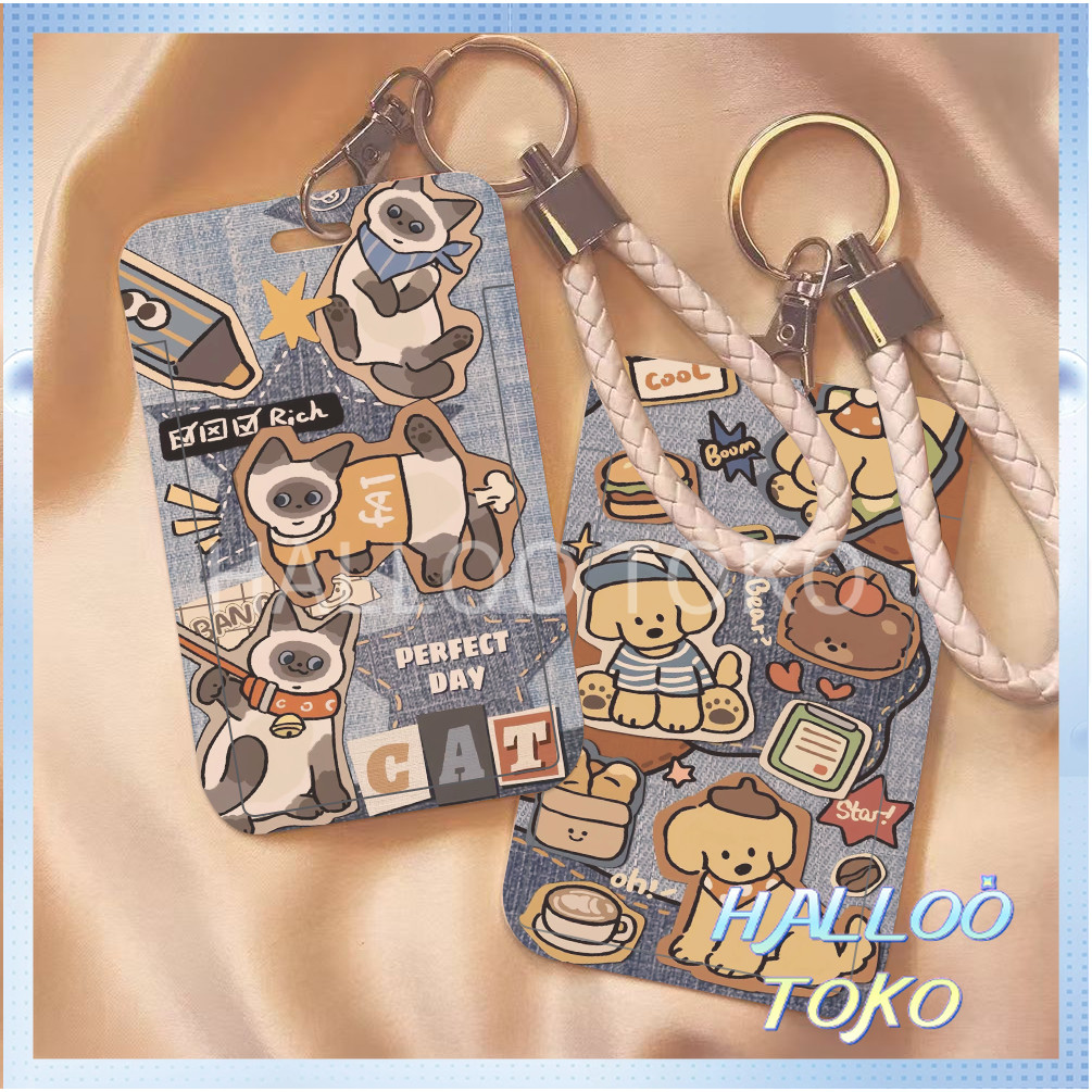 

ID CARD HOLDER MOTIF KAWAII TEMPAT KARTU PHOTOCARD PHOTO CARD Pelindung + Tali,Motif anjing dan kucing dengan dasar bahan denim