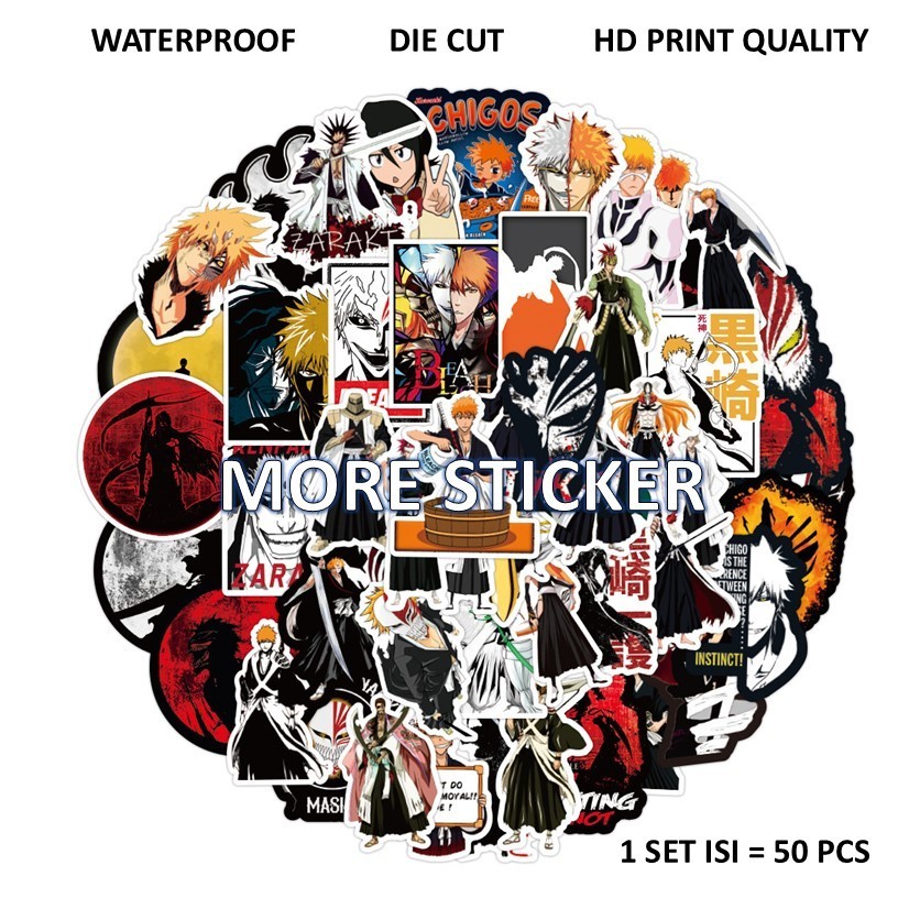 

ISI 50 PCS STICKER PACK MOTIF ANIME BLEACH PVC VINYL WATERPROOF UKURAN 4-5CM HP LAPTOP KOPER HELM MOTOR