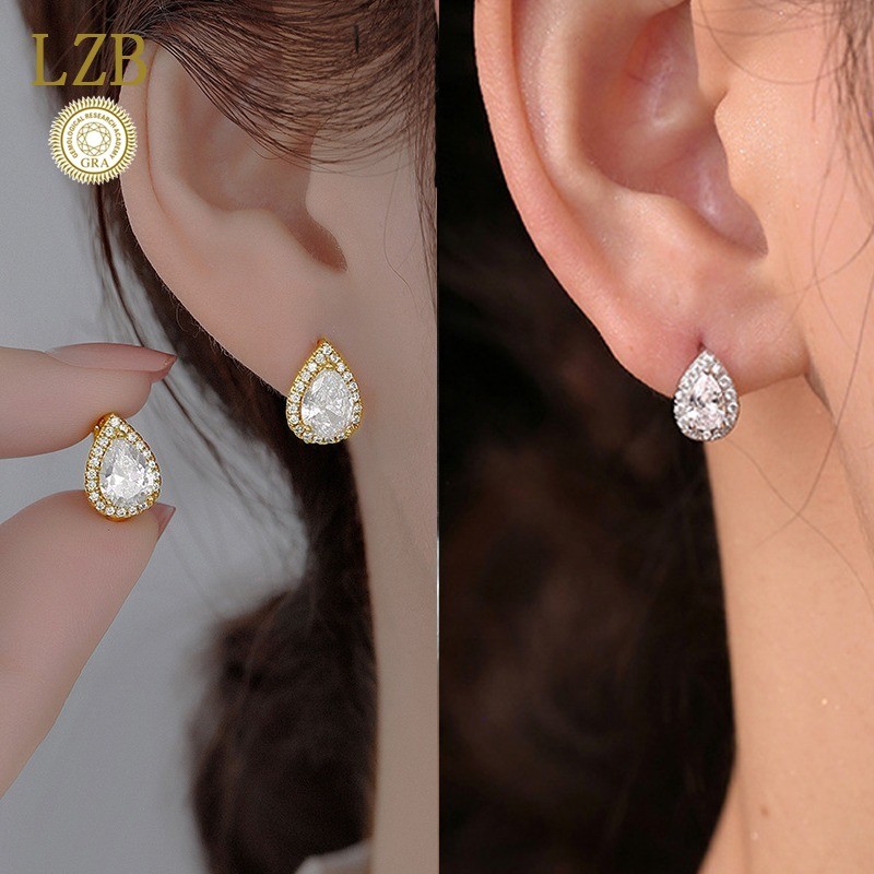 Anting-anting Perak Moissanite Bentuk Buah Pir Dua Warna Berlian Tetesan Air Mata Emas 18K Untuk Wan