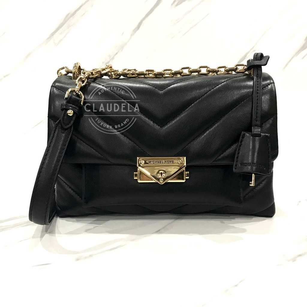 Michael Kors Cece Medium Quilted Leather Convertible Shoulder Bag in Black Gold