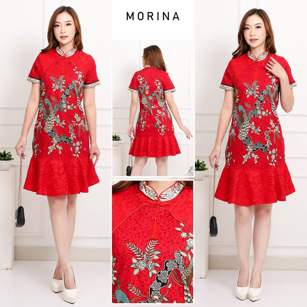 GIRLY Morina Dress Wanita Batik Couple Modern Dress Batik Modern Gaun Pesta Merah