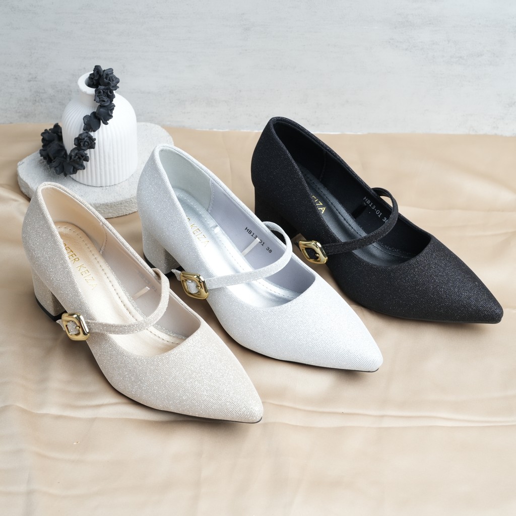 Peter Keiza Sepatu Pantofel Wanita dengan Bahan Glitter Bertali Belt Kekinian HB13-01