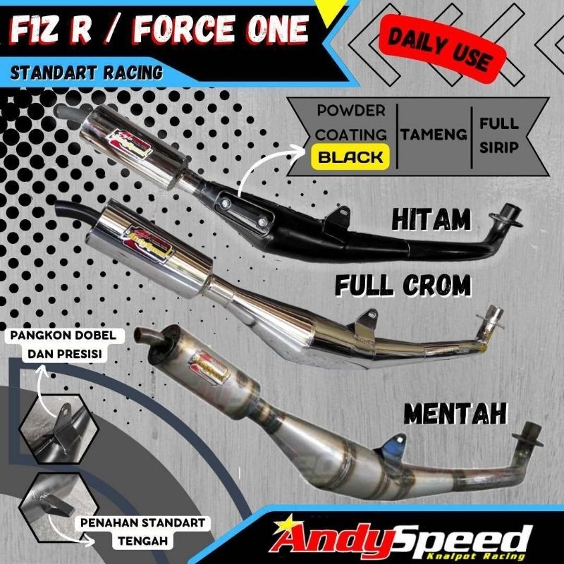 Knalpot FIZ FIZR FORCE1 F1Z F1ZR SIGMA ALFA MODEL STANDAR RACING KROM/PLAT KARAT/HITAM merk andy spe