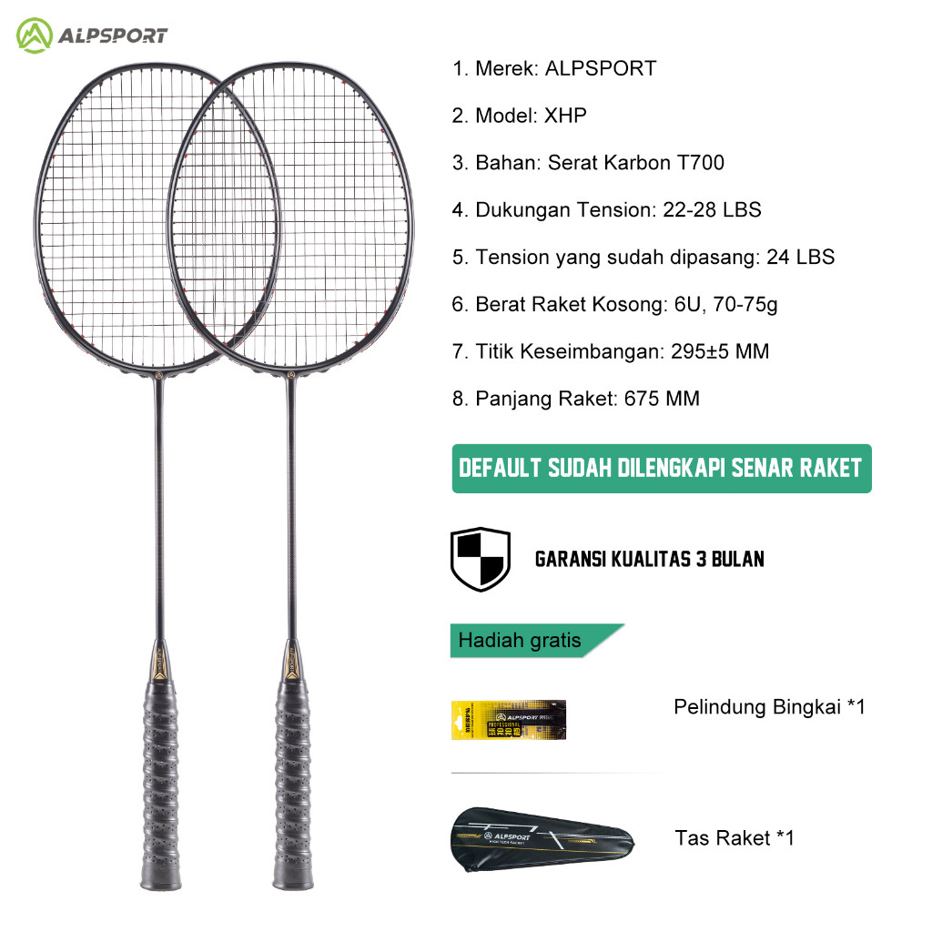 [PREMIUM ORIGINAL] ALPSPORT XHP【2Pcs + Tas】6U G4 Max 28LBS Hitam Raket BuluTangkis T700 100% Serat K