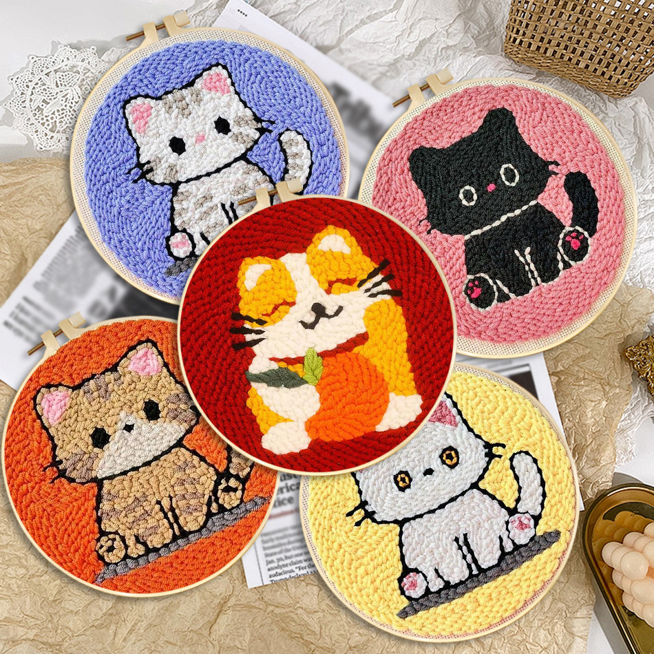 

Cute Cat Punch Needle Starter Kits Soft Yarn Punch Needle Embroidery Kit Easy Embroidery Needlework Wool Work Home Decor