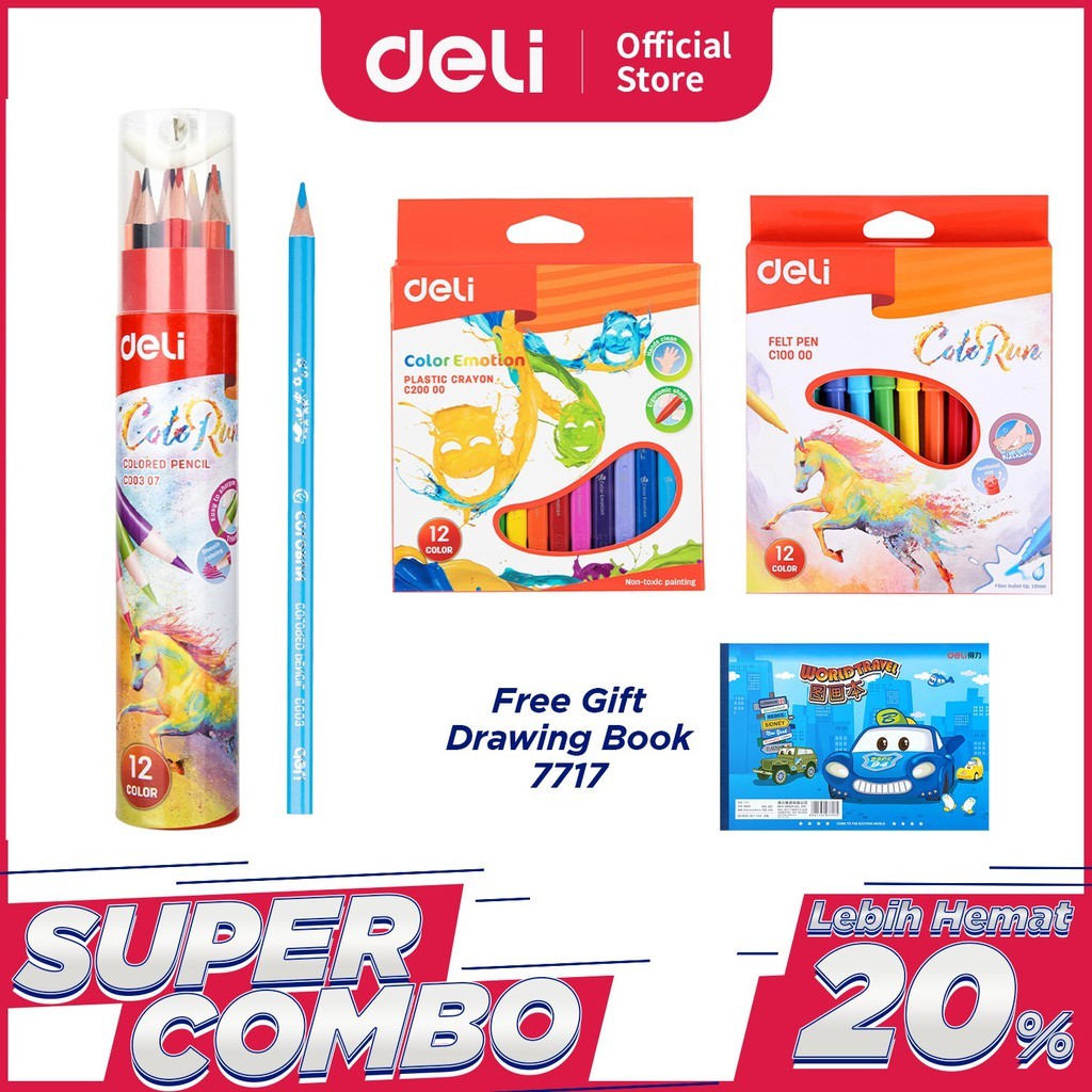 

Deli Combo Set 3 - Crayon + Felt Pen + Pensil Warna Serba 12 Warna Gratis Buku Gambar