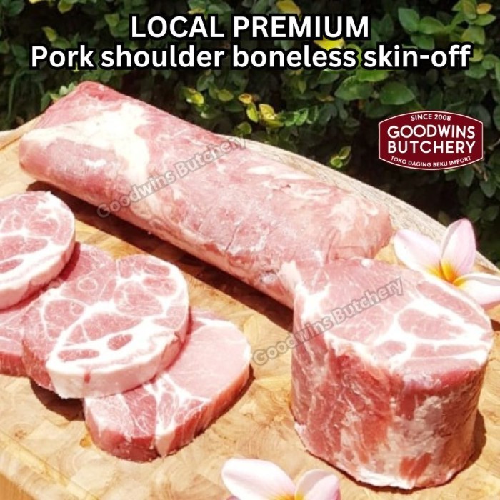 

Pork shoulder boneless skin off local premium ALL CUTS kapsim babi tanpa tulang kulit SEMUA POTONGAN beku collar boston butt frozen