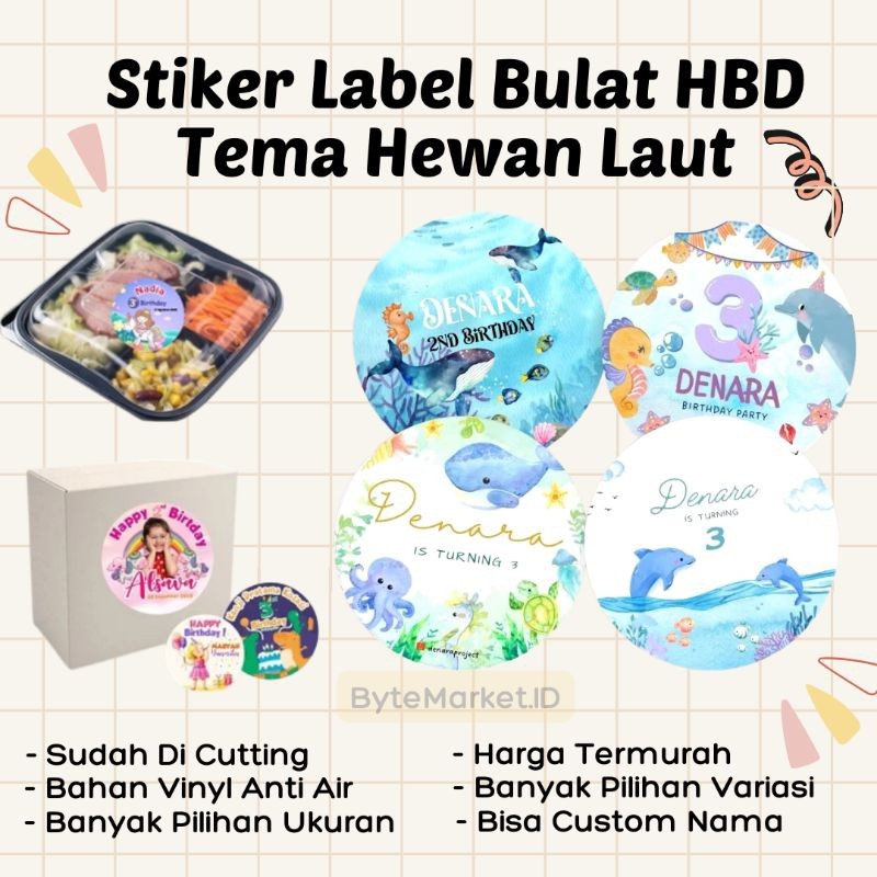 

(50 PCS) Stiker Bulat Custom Bento Hampers Ulang tahun Under the Sea/Ocean