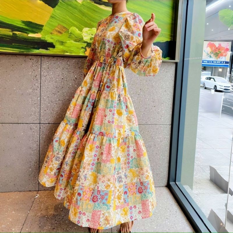 Korea Style Motif Dress Panjang Motif Bunga Floral Lengan Panjang Korea Style M682 Motif Bunga Dress