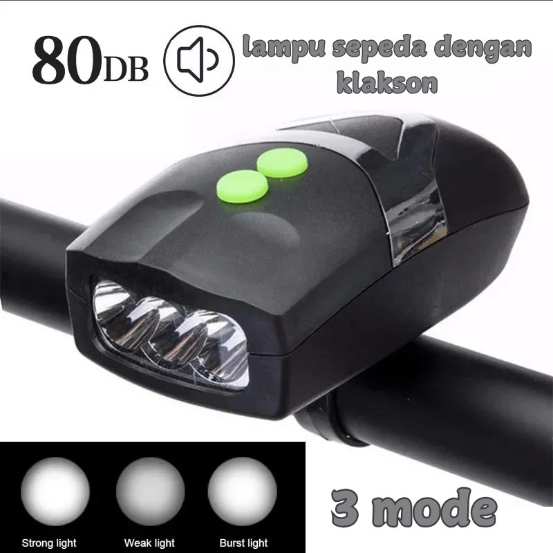 Lampu Sepeda Plus Bel Klakson Lampu Depan Sepeda 3 LED Mode Plus Klakson