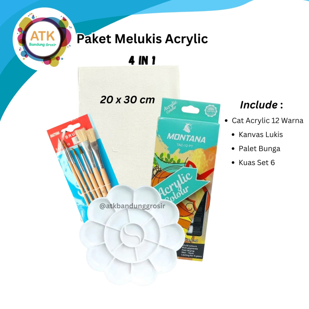 

Paket Melukis Lengkap Set 4 in 1 Set Kanvas 20x30 Kuas Palet dan Cat Acrylic - Set Lukis