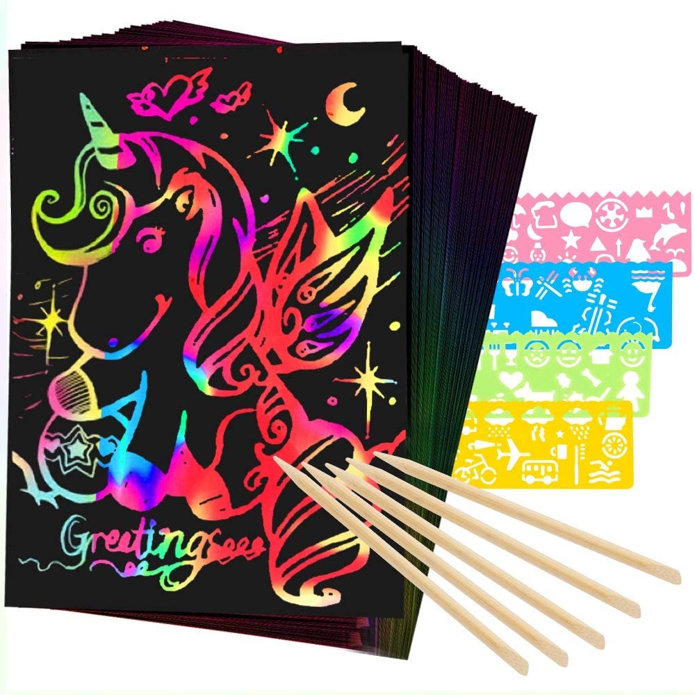 

Scratch Paper Art Set Rainbow Card Scratch Black Scratch It Off Paper Crafts Notes with Wooden Stylus Stencils for Kid DIY Gift