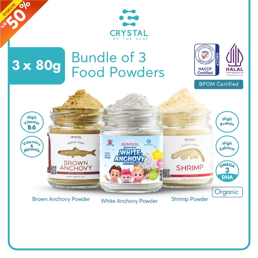 

Crystal of the Sea | Bundle 3 Food Powder (80GR) | Bubuk Ikan Teri Nasi | Bubuk Udang Rebon | Bubuk Teri Jengki - Tabur / Penyedap Kaldu MPASI NON MSG PAKET HEMAT