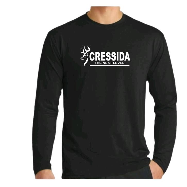 Kaos Distro Cressida Logo Putih Lengan Panjang Pria Wanita Sablonan Polyflek Print 3d Bahan Menyerap