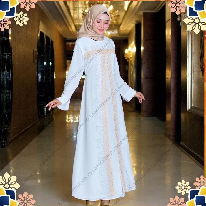 Gamis Putih Wanita Mewah Abaya Putih Turkey Mewah Baju - Renda Coklat, M