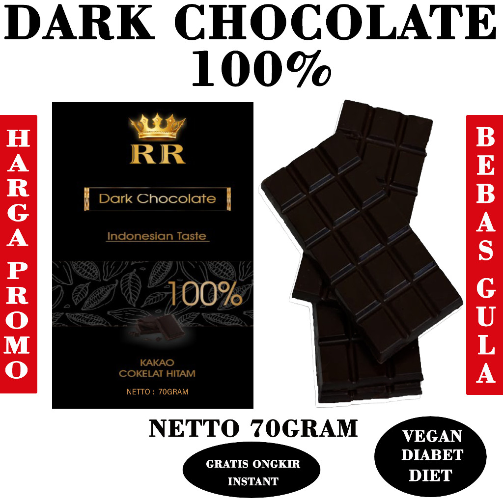 

100% Dark Chocolate Bar, Netto 70gram! No Sugar, Rendah Lemak, Diet, Diabet!