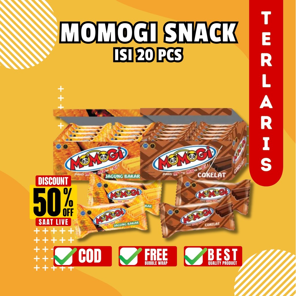 

MOMOGI SNACK WAFER STICK EXTRUDAT MAKANAN RINGAN CEMILAN JAGUNG BAKAR COKLAT 1 BOX ISI 20 PCS