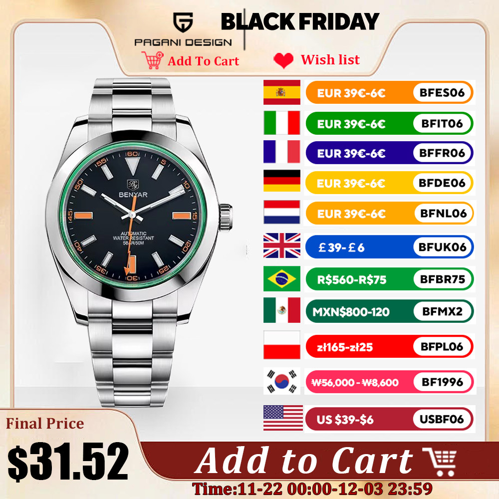 BENYAR Mens Watches Top Brand Luxury Mechanical Automatic Watch Men Stainless Steel Waterproof Busin
