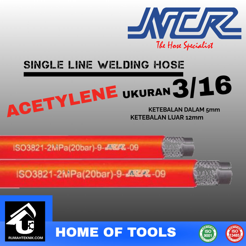 NCR SELANG LAS SINGLE LINE WELDING HOSE ACETYLENE 3/16” PER - METER