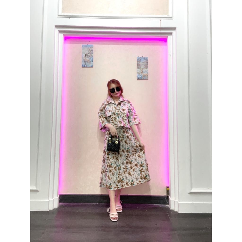 One Set Fuji / One Set Clara Kemeja Crop & Rok Midi Plisket