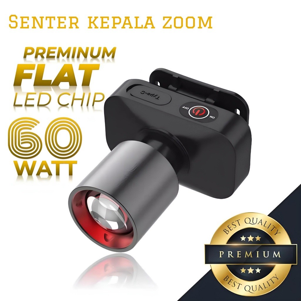 Senter kepala super terang 1000 Lumen lampu senter kepala zoom super terang 60W headlamp outdoor sen