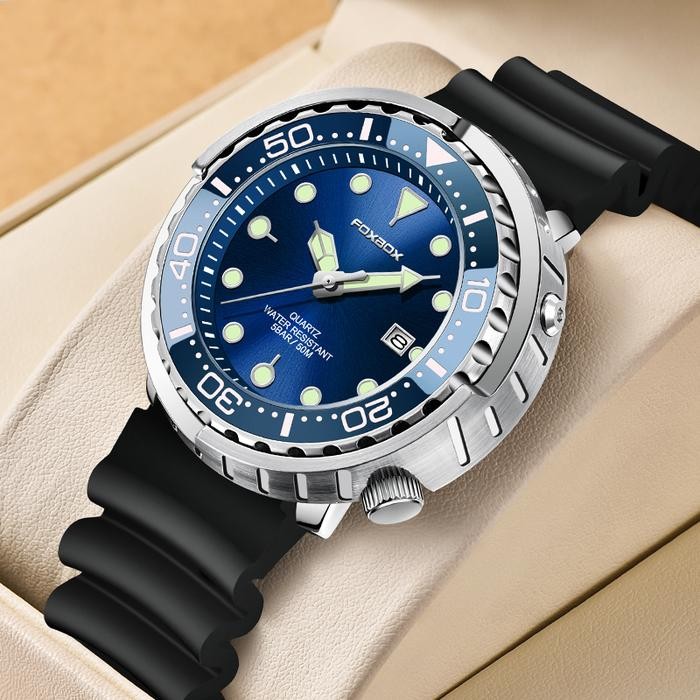 LIGE x Foxbox fashion original jam tangan pria kalender anti air analog jam tangan + kotak - biru pe