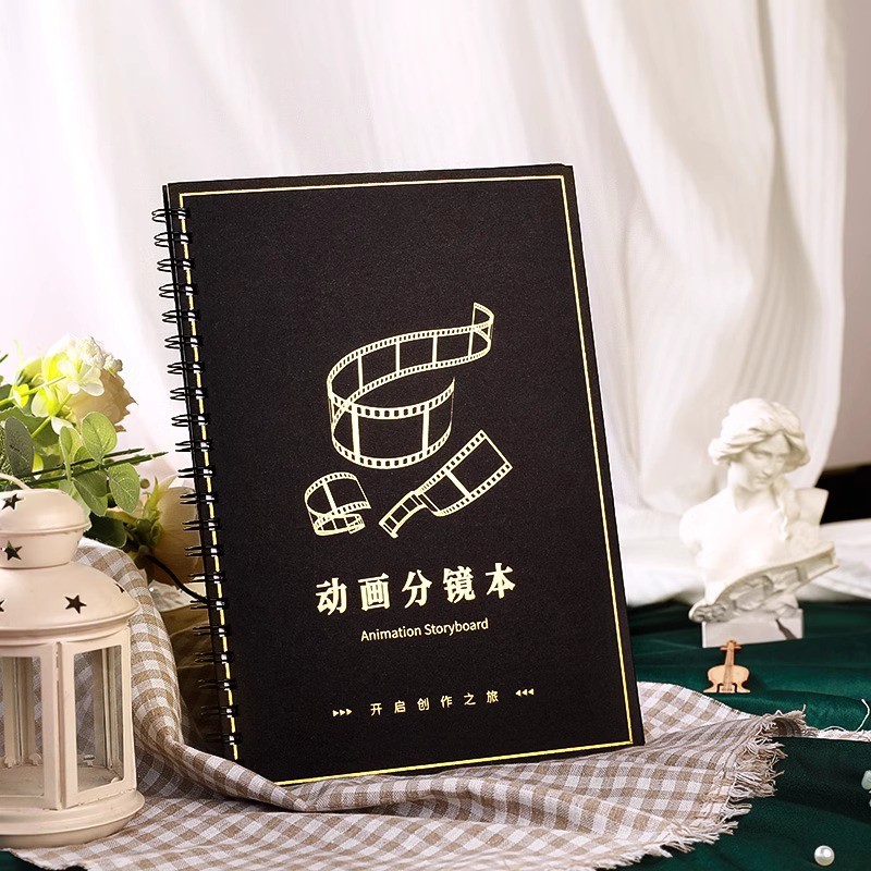 

A4 Split Screen Notebook Cartoon Wholesale 60 Sheets Coil Loose-Leaf Black Gold Cover Movie Paper Cartoon Creative Drawing Book