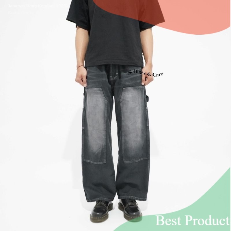 Selfless and Care - Celana Baggy Jeans Wash Long Carpenter Double Knee Pants Loose Fit Denim Wide Le