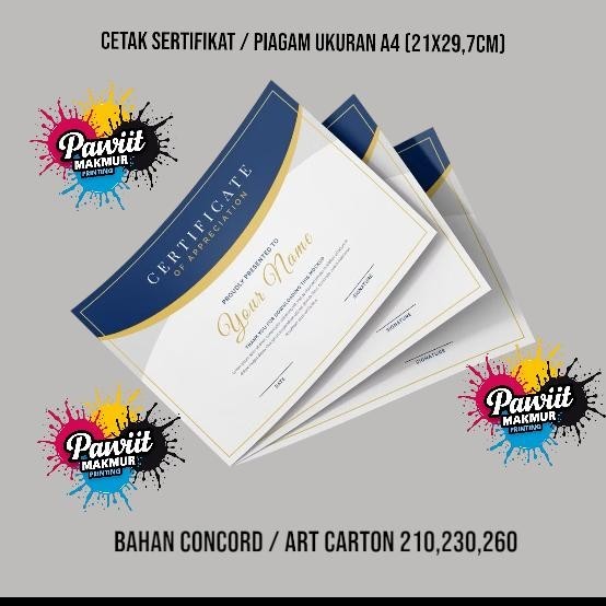 

Cetak Sertifikat / Piagam Ukuran A4 (21x29,7cm) Bahan Concord / Art Carton - ART CARTON 260, 1 SISI