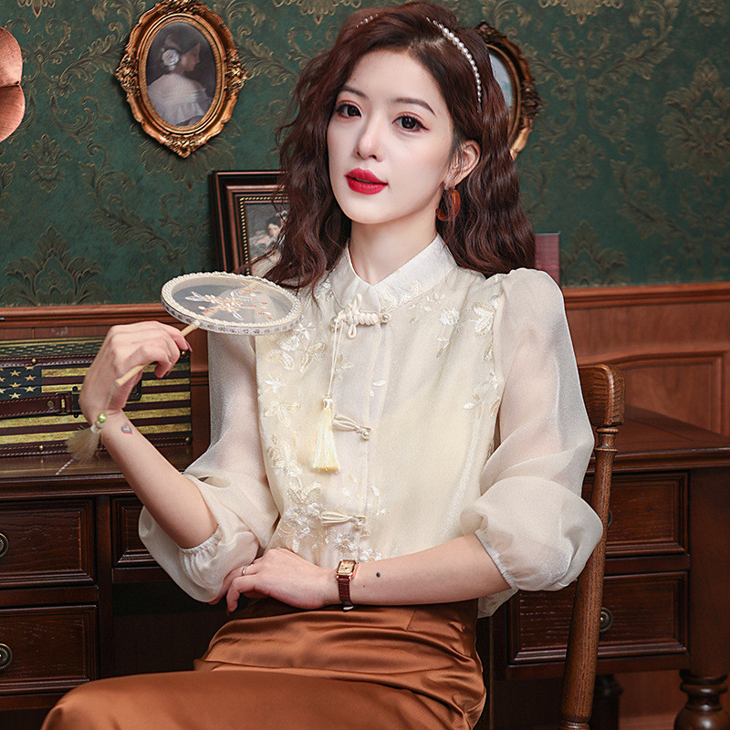 Cheongsam Hanfu Blouse Atasan Sifon Imlek Gaya China Bordir Wanita