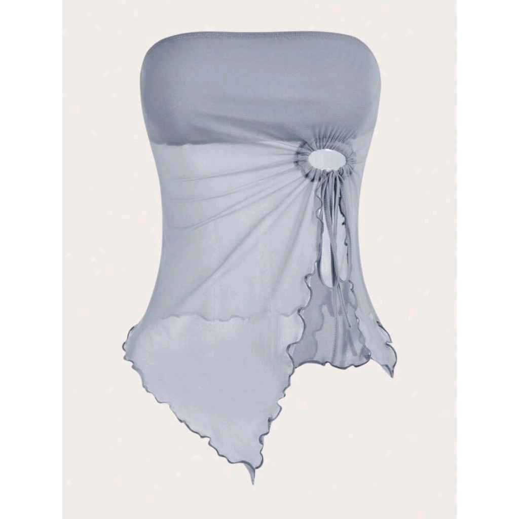 SShine Icon Lettuce Trim Drawstring Edge Mesh Tube Top Dasty Blue