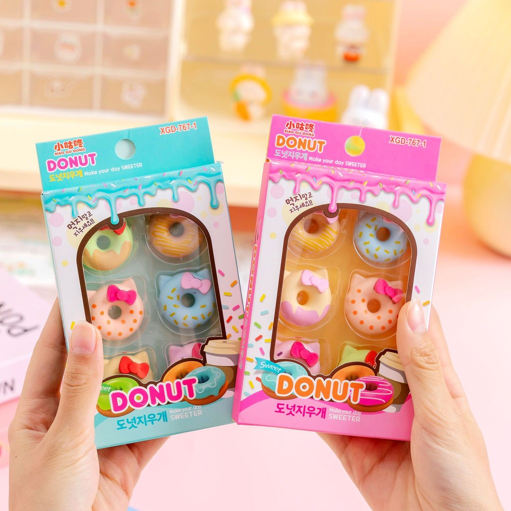 

6Pcs/Box Kawaii Candy Color Cute Cat Donut Pencil Eraser Set Writing Drawing Rubber Erasers Gifts School Supplies Stationary