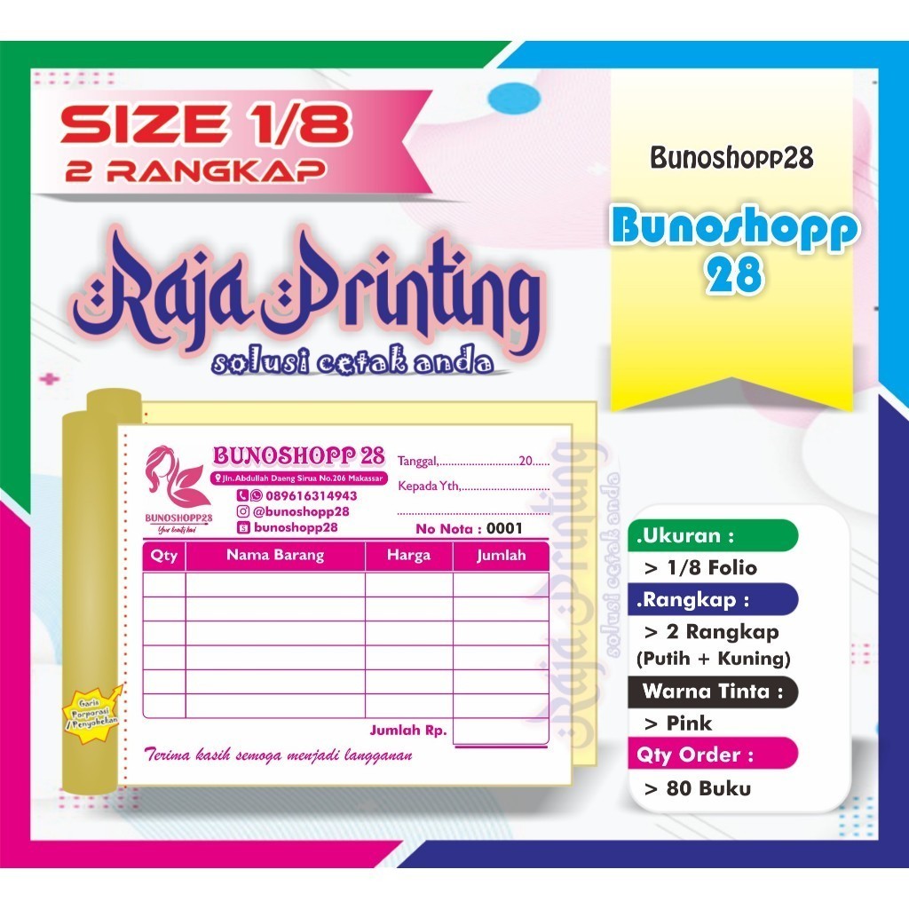 

(GRATIS DESAIN) NOTA 1/8F - 2 Ply / NOTA CUSTOM 1/8 Folio 2 rangkap / Nota Konter HP/ Nota Gas Galon
