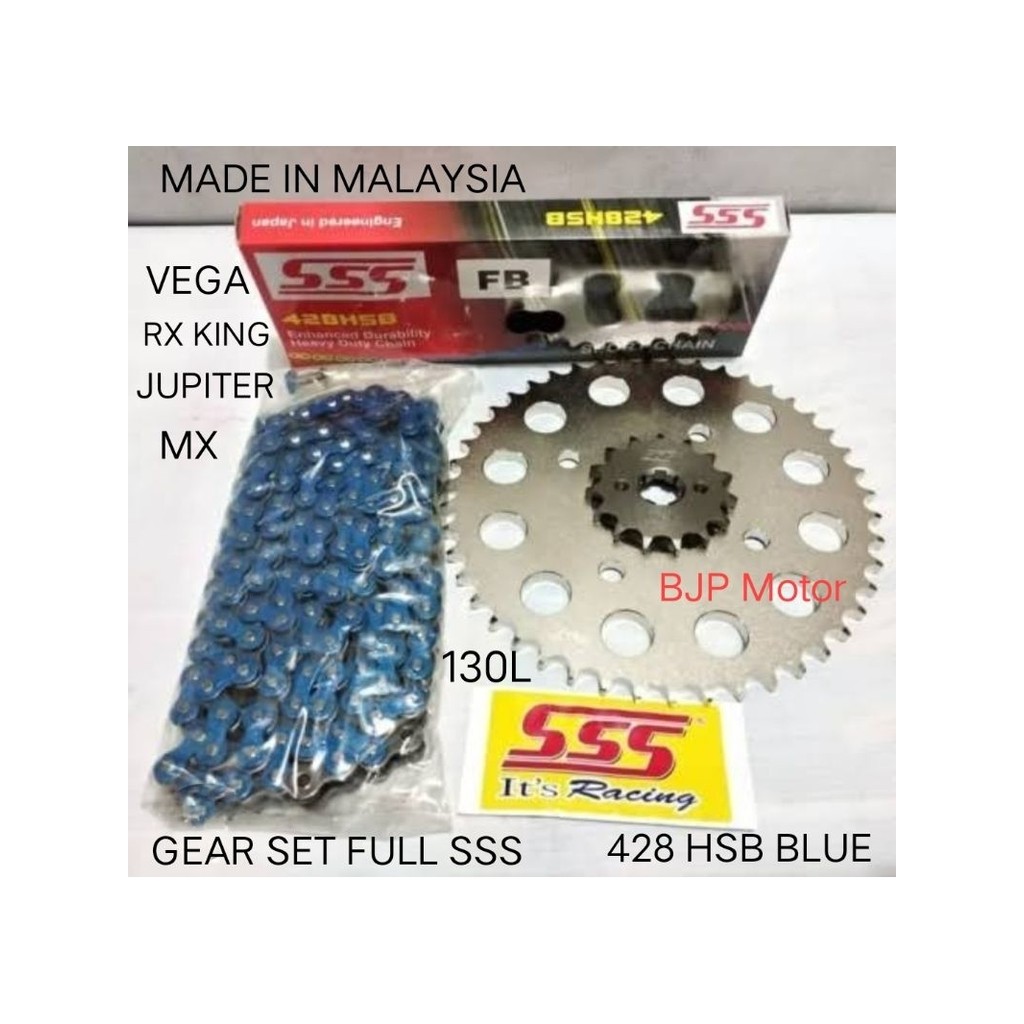 Gear Set FULL SSS 428 RX King / Vega / Jupiter / MX Paketan  Rantai SSS 428 HSB BLUE 130L Dengan Pil