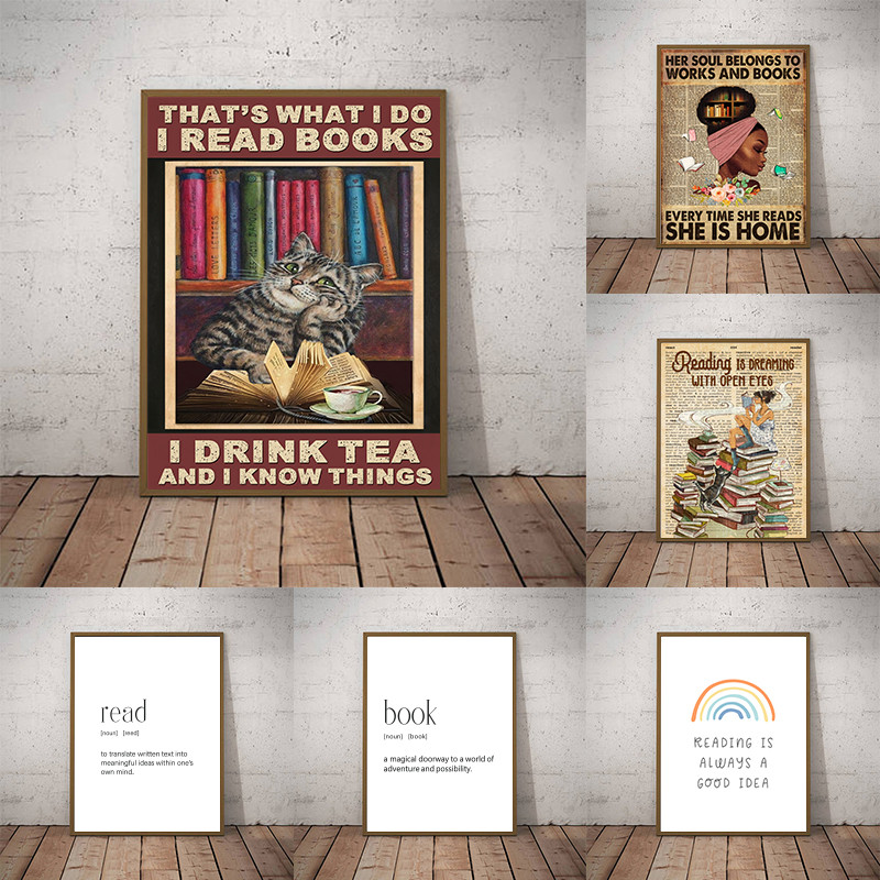 

Cat Reading Book Funny Poster Vintage Prints Reading Room Library Wall Decor Librarian Bookworm Gifts Girls Room Canvas Painting