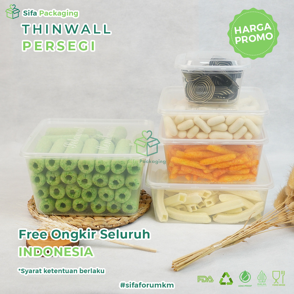 Thinwall Persegi + Tutup Ukuran 150 ml 350ml 500ml 750ml 1000ml 1500ml 2000ml 3000ml Kotak Makanan W