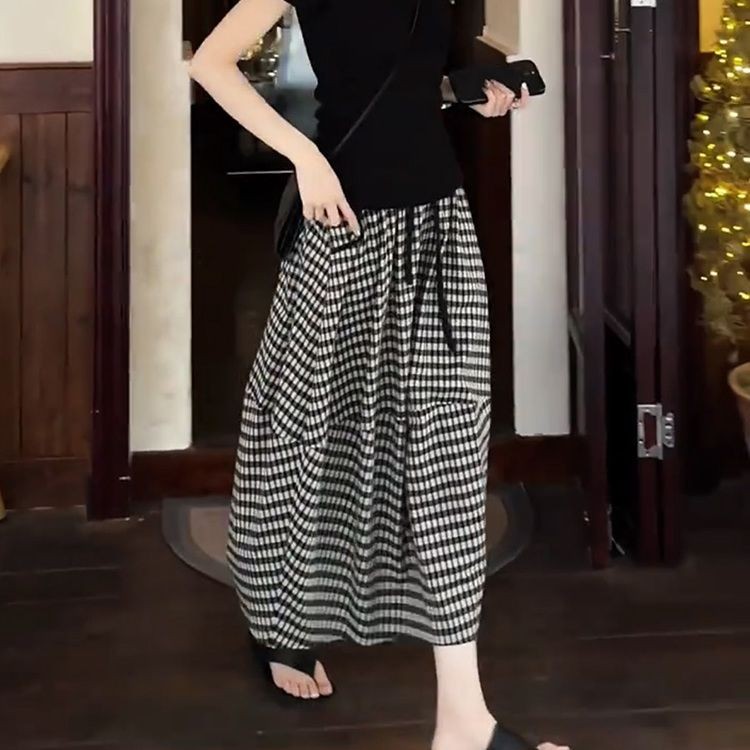 Rok kotak-kotak klasik wanita 2026 baru elastis pinggang serut kuncup rok temperamen kelas atas