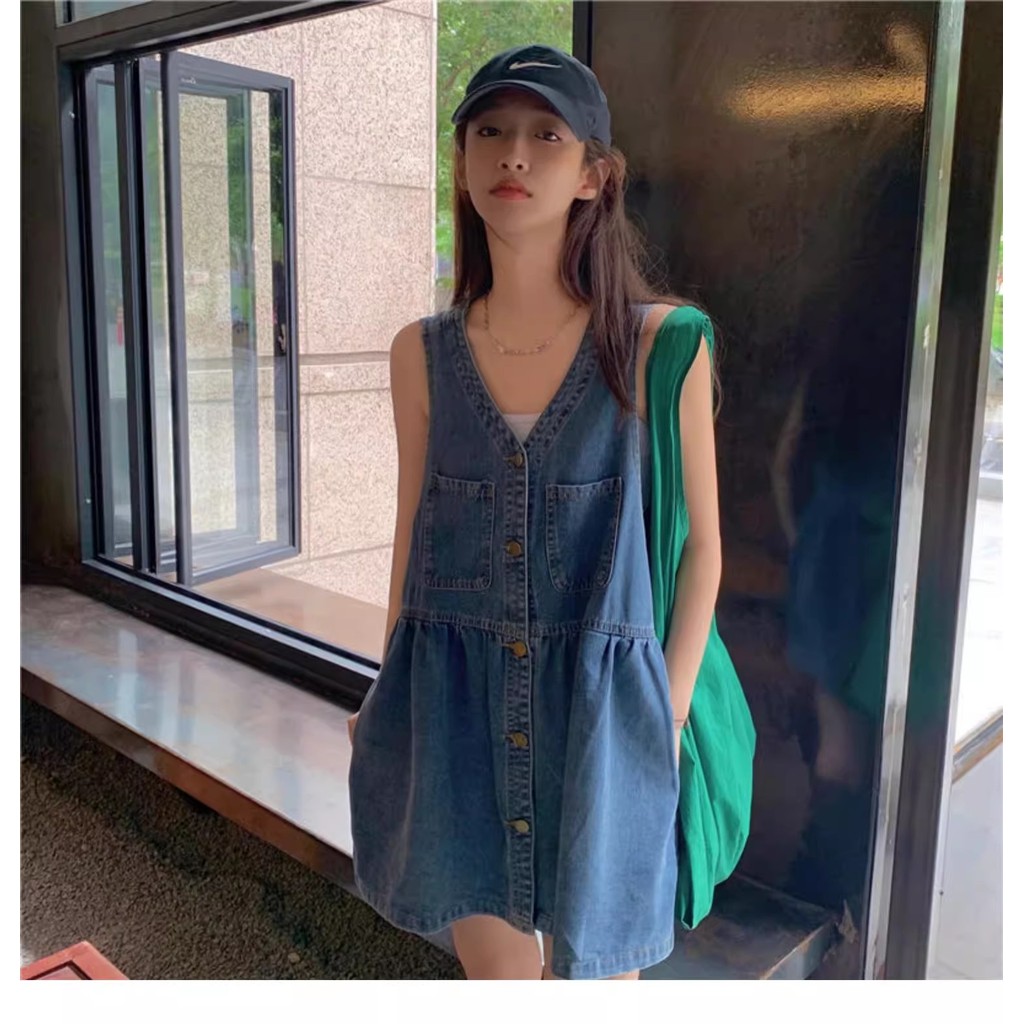 Rompi Tanpa Lengan Denim Dress Wanita Versi Korea Baru, Rok Pendek Suspender Kasual Longgar