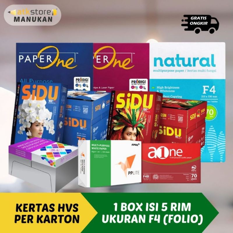 

(1 BOX PENGIRIMAN KARGO) Kertas HVS Folio F4 70-80 gsm 1 box (5 rim) Kertas HVS fotocopy