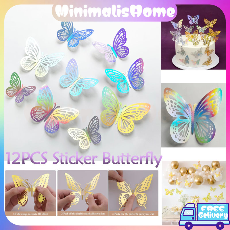 

12PCS Sticker Butterfly/ 3D Kupu-kupu Dekorasi Dinding/ Aesthetic Emas Bunga Decor/ Hiasan Mahar Rustic Dekorasi Wall Sticker Murah