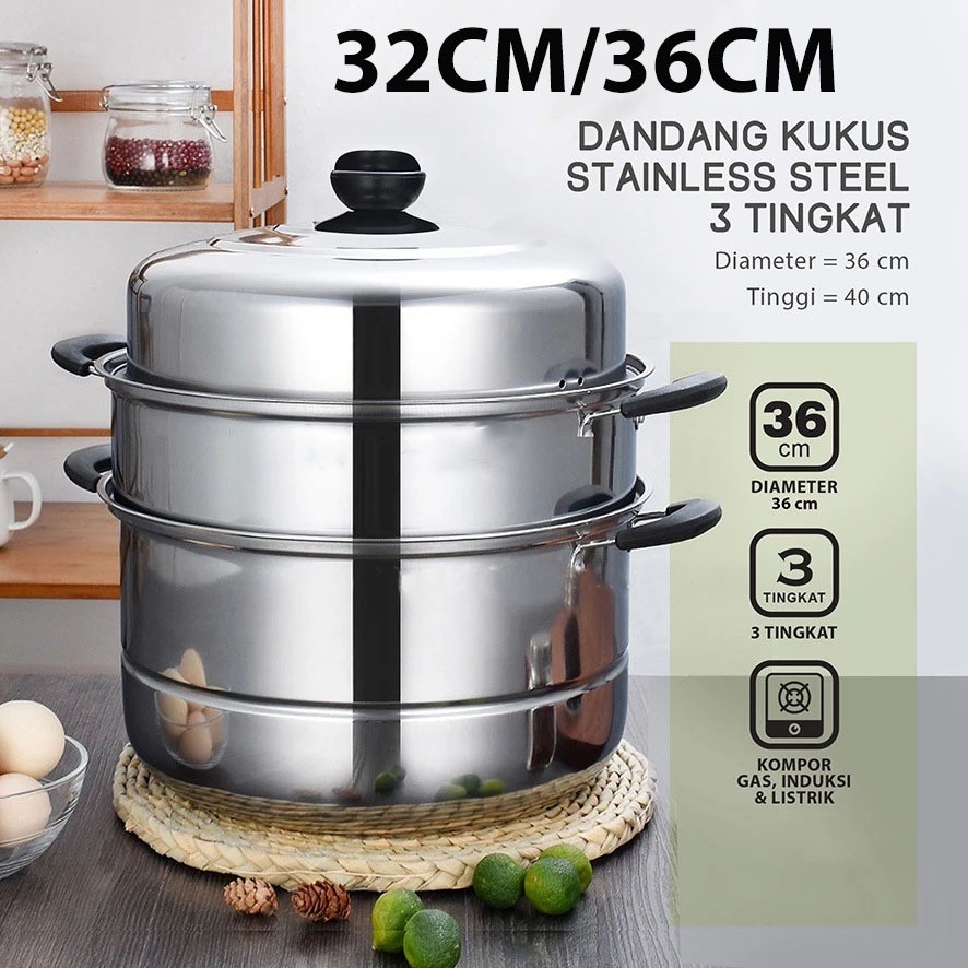 Panci Kukus Dandang Kukus 3 Tingkat  Panci Steamer Panci Kukusan Stainless Steel 32 cm/36 cm